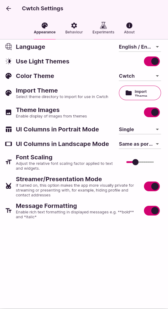 Cwtch mobile settings